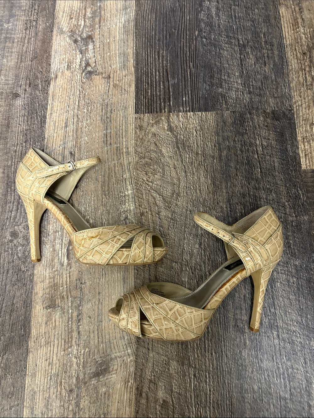 White House Black Market Croc-Embossed Tan Peep-Toe Ankle Strap Heels